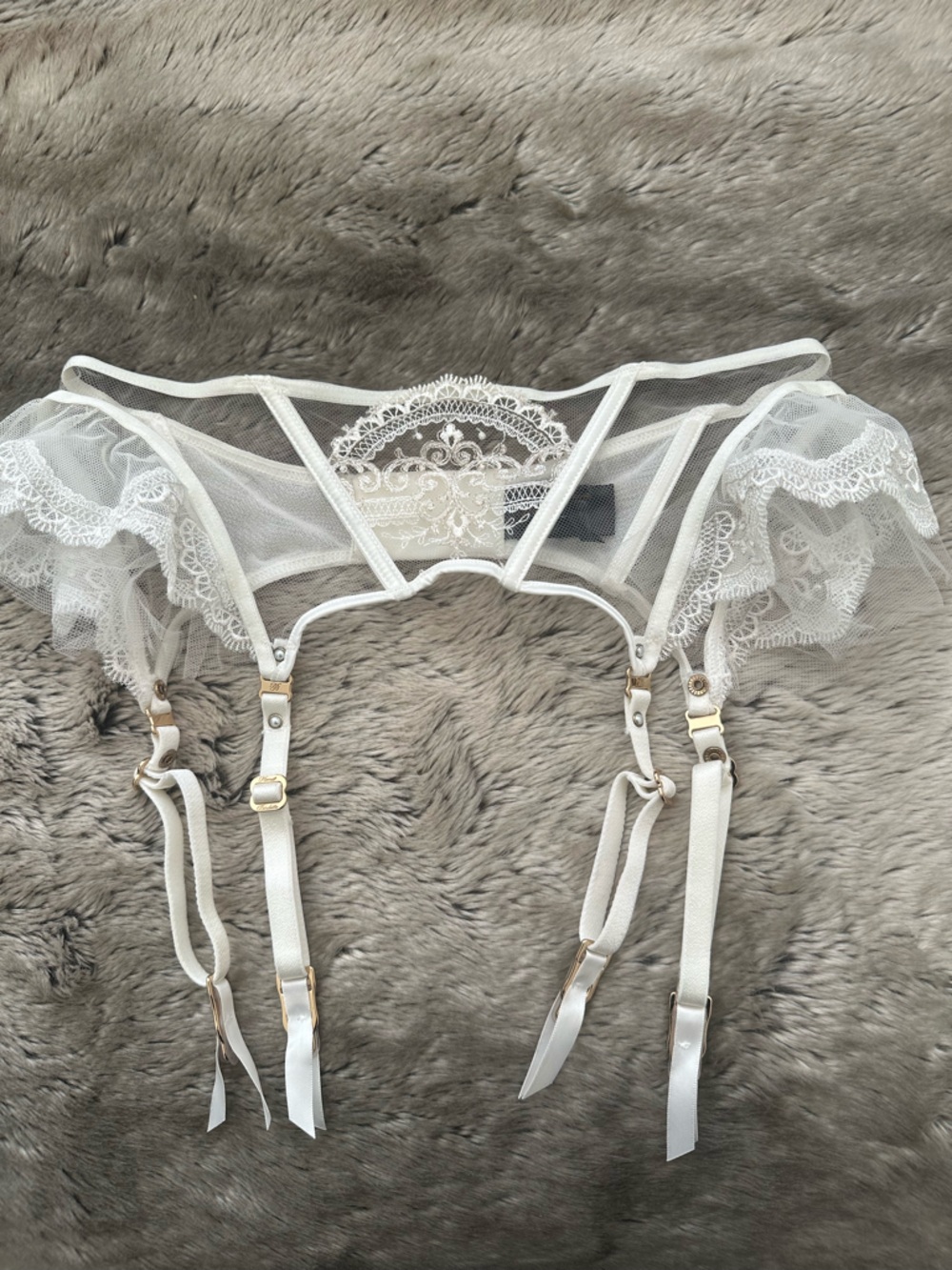 Honey Birdette White Sheer Lace Garter Belt with Garter Straps